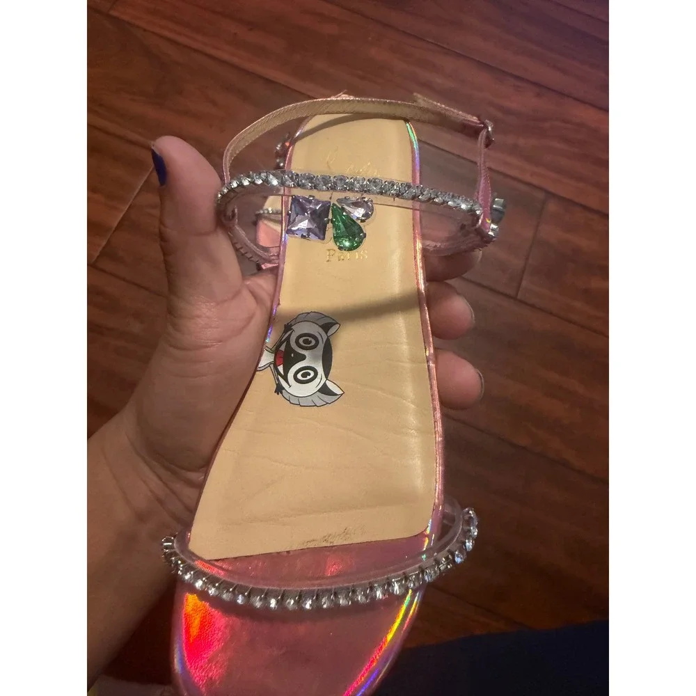 Christian Louboutin Kids Miniqueenie Pink Holographic Crystal Sandals Red Bottom